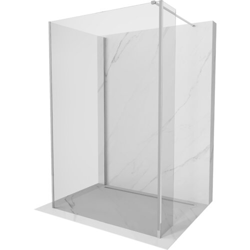 Przedstawiono ściankę prysznicową typu walk-in o wymiarach 100 x 70 x 40 cm, wykonaną z transparentnego szkła i chromowanych elementów. Ścianka jest umieszczona na tle imitującym marmur.