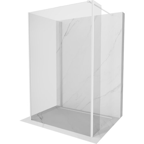 Przedstawiono ściankę prysznicową typu walk-in o transparentnym szkle i białych ramach, ustawioną na marmurowej podstawie. Produkt ma wymiary 110 x 100 x 30 cm.