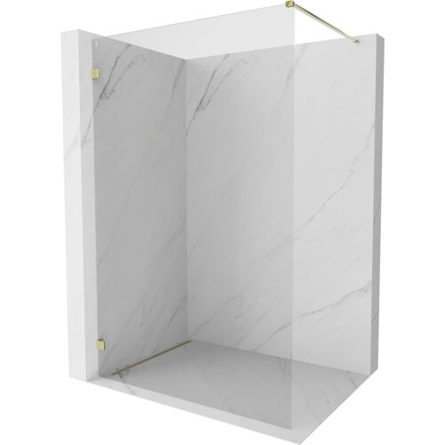 Na zdjęciu znajduje się ścianka prysznicowa typu walk-in o wymiarach 150 x 200 cm, wykonana z transparentnego szkła o grubości 8 mm, z elementami w kolorze złotym. Ścianka jest umieszczona w narożniku z marmurowymi ścianami.