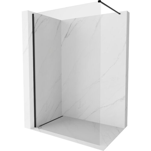 Przesłane zdjęcie przedstawia ściankę prysznicową typu walk-in o wymiarach 110 x 200 cm, wykonaną z przezroczystego szkła o grubości 10 mm, z czarnymi elementami montażowymi. Ścianka jest umieszczona w narożniku z białymi, marmurowymi płytkami na ścianach i podłodze.