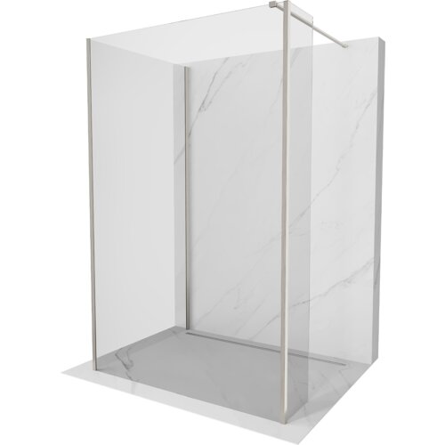 Przedstawiono ściankę prysznicową typu walk-in o wymiarach 120 x 70 x 30 cm, wykonaną z transparentnego szkła i wykończoną w niklu szczotkowanym. Ścianka jest umieszczona na tle imitującym marmur.