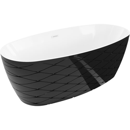 Biała wanna wolnostojąca z czarnym, wzorzystym zewnętrzem o wymiarach 170 x 80 cm, z widocznym białym przelewem. Produkt ma elegancki, nowoczesny design z delikatnymi, falistymi liniami na czarnej powierzchni.