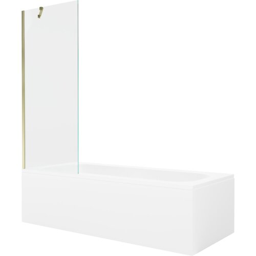 Prostokątna wanna z obudową i przezroczystym, jednoskrzydłowym parawanem w złotym kolorze. Produkt ma minimalistyczny design i gładką powierzchnię.
