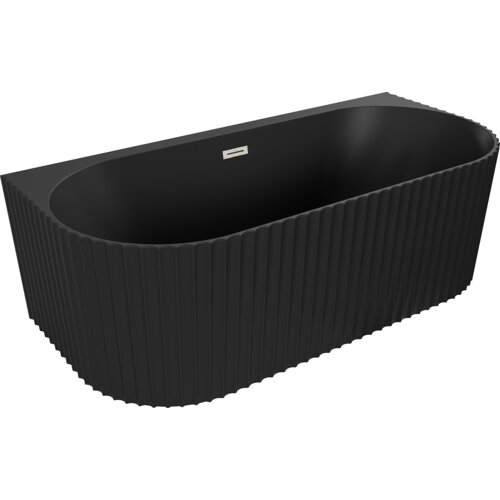 Czarna, matowa wanna wolnostojąca o ryflowanej powierzchni i prostokątnym przelewie w kolorze niklu szczotkowanego. Produkt ma wymiary 170 x 80 cm.