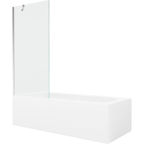 Prostokątna wanna z białą obudową i przezroczystym, jednoskrzydłowym parawanem w chromowanej ramie. Produkt ma minimalistyczny design i gładką powierzchnię.