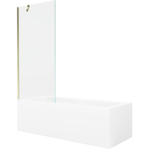 Prostokątna wanna z białą obudową i przezroczystym, jednoskrzydłowym parawanem, który ma złote elementy mocujące. Produkt ma wymiary 160 x 70 cm.