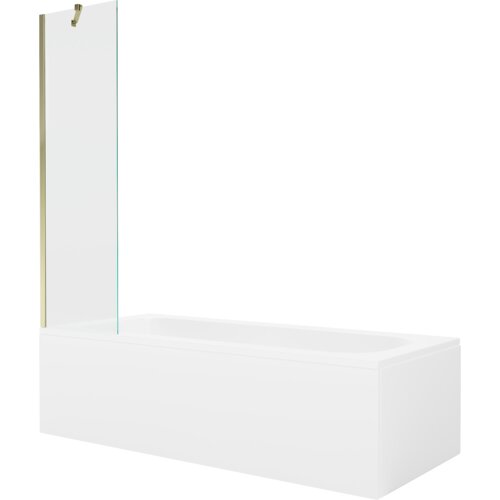 Prostokątna wanna z białą obudową i przezroczystym, jednoskrzydłowym parawanem, który ma złote elementy mocujące. Produkt ma minimalistyczny design i gładką powierzchnię.