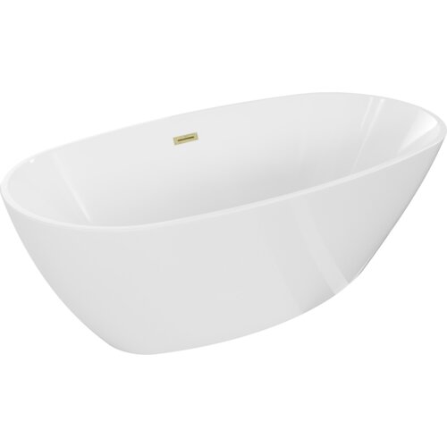 Biała wanna wolnostojąca o gładkiej powierzchni, z widocznym złotym szczotkowanym przelewem. Produkt ma zaokrąglone krawędzie i minimalistyczny design.