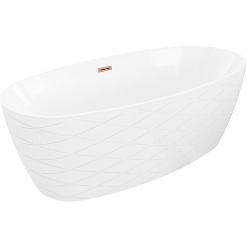 Biała wanna wolnostojąca o wymiarach 170 x 80 cm z delikatnym wzorem na zewnętrznej powierzchni i przelewem w kolorze różowego złota. Produkt nie posiada widocznych logo ani tekstu.
