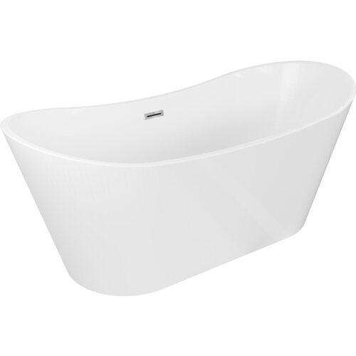Biała wanna wolnostojąca o eleganckim, zaokrąglonym kształcie z widocznym chromowanym przelewem. Produkt ma gładką powierzchnię i minimalistyczny design.