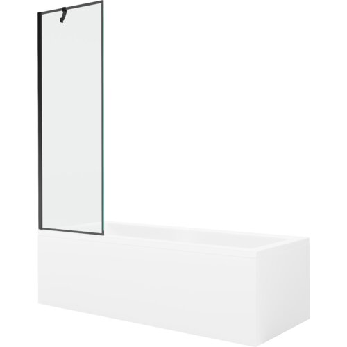 Prostokątna wanna z białą obudową i czarnym, jednoskrzydłowym parawanem szklanym. Produkt ma minimalistyczny design i gładkie wykończenie.