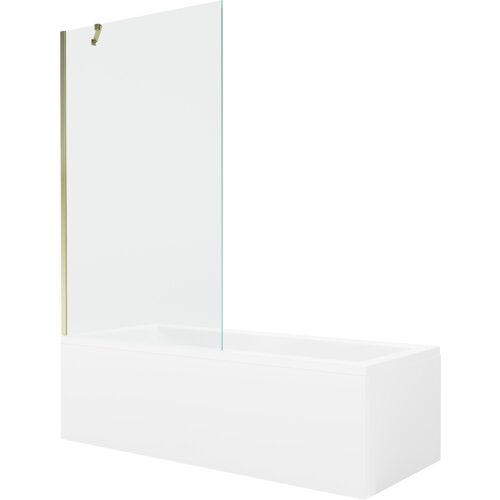 Prostokątna wanna z białą obudową i przezroczystym, jednoskrzydłowym parawanem z złotym uchwytem. Produkt ma minimalistyczny design i gładkie wykończenie.