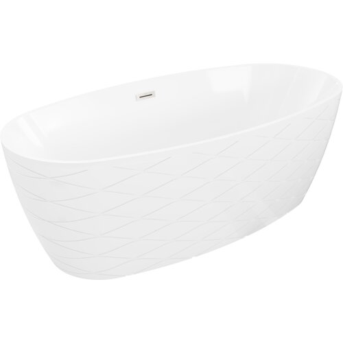 Biała wanna wolnostojąca o wymiarach 170 x 80 cm z delikatnym wzorem na zewnętrznej powierzchni i przelewem w kolorze niklu szczotkowanego. Produkt ma gładkie, zaokrąglone krawędzie i minimalistyczny design.
