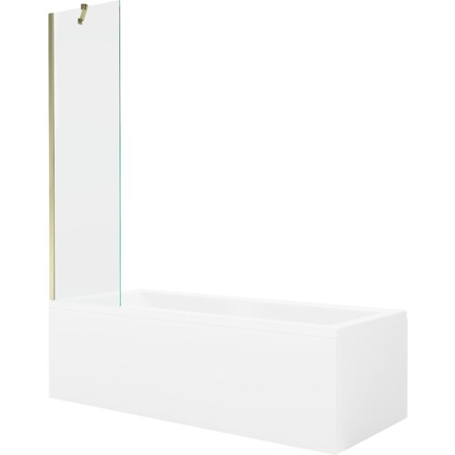 Prostokątna wanna z białą obudową i przezroczystym, jednoskrzydłowym parawanem, który jest zamocowany na złotym uchwycie. Produkt ma wymiary 160 x 70 cm.
