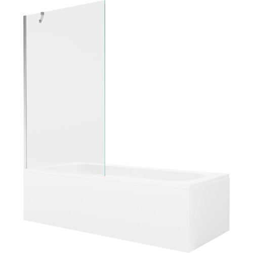 Prostokątna wanna z białą obudową i przezroczystym, jednoskrzydłowym parawanem wykonanym z chromowanego materiału. Produkt ma minimalistyczny design, bez widocznych napisów czy logo.