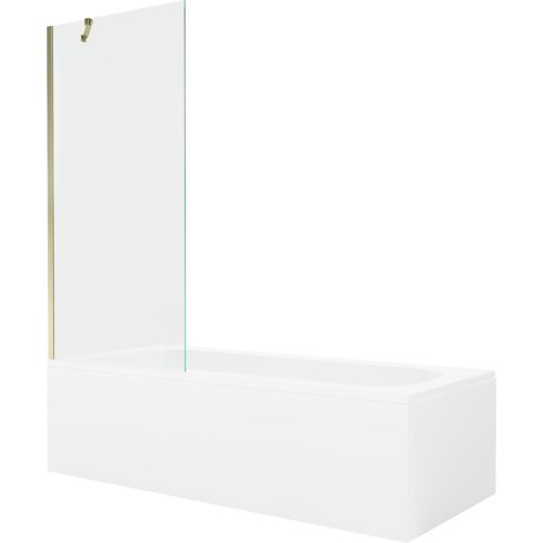 Na zdjęciu znajduje się prostokątna wanna z obudową i przezroczystym, jednoskrzydłowym parawanem w złotym kolorze. Produkt ma minimalistyczny design i jest utrzymany w jasnej kolorystyce.