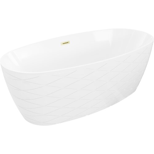 Biała wanna wolnostojąca o wymiarach 170 x 80 cm z delikatnym wzorem na zewnętrznej powierzchni i złotym szczotkowanym przelewem. Produkt ma gładką, zaokrągloną formę i elegancki wygląd.