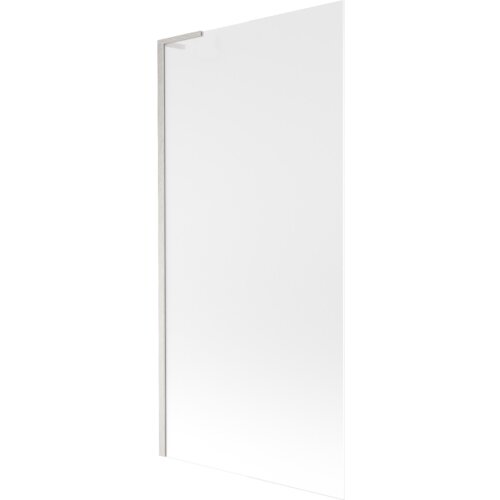 Na zdjęciu znajduje się jednoskrzydłowy parawan nawannowy o wymiarach 90 x 150 cm, wykonany z mrożonego szkła z niklowanym, szczotkowanym wykończeniem. Produkt ma prostą, minimalistyczną konstrukcję z widocznym metalowym uchwytem.