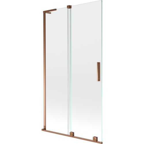 Dwuskrzydłowy, rozsuwany parawan nawannowy o wymiarach 100 x 150 cm, wykonany z przezroczystego szkła, z elementami w kolorze różowego złota. Produkt ma prostokątną formę z metalowymi uchwytami i ramą.