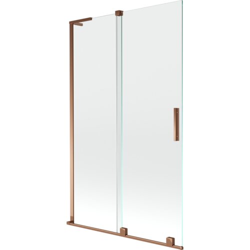 Dwuskrzydłowy, rozsuwany parawan nawannowy o wymiarach 110 x 150 cm, wykonany z przezroczystego szkła, z elementami w kolorze różowego złota. Produkt ma prostokątną, minimalistyczną formę z metalowymi uchwytami i ramą.