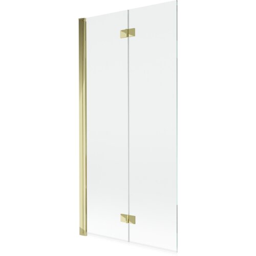 Przezroczysty, dwuskrzydłowy parawan nawannowy z elementami w złotym kolorze, o prostym i eleganckim designie. Produkt ma gładką powierzchnię i minimalistyczne zawiasy.