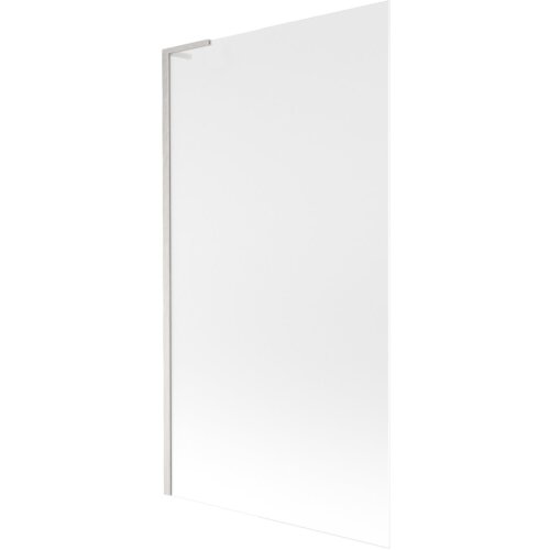 Przedstawiony jest szklany parawan nawannowy o matowej powierzchni, z metalowym uchwytem w kolorze niklu szczotkowanego. Produkt ma prostokątny kształt i minimalistyczny design.