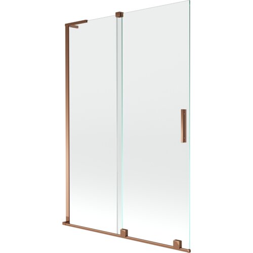 Dwuskrzydłowy, rozsuwany parawan nawannowy o wymiarach 120 x 150 cm, wykonany z przezroczystego szkła, z elementami w kolorze różowego złota. Produkt posiada prostokątną, metalową rączkę oraz ramę w tym samym kolorze.