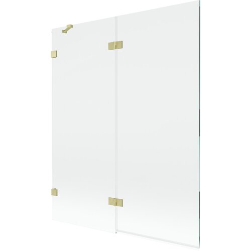 Dwuskrzydłowy parawan nawannowy o transparentnej powierzchni z elementami w kolorze złotym szczotkowanym. Produkt ma prosty, nowoczesny design z widocznymi metalowymi zawiasami.