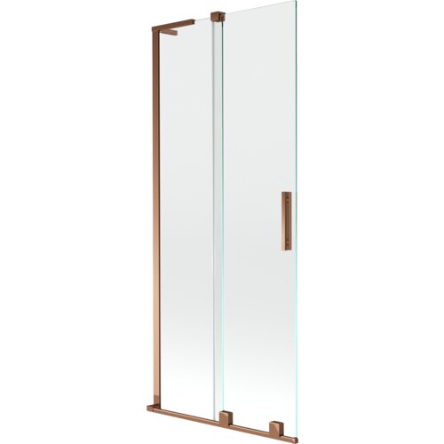 Dwuskrzydłowy, rozsuwany parawan nawannowy o wymiarach 80 x 150 cm, wykonany z przezroczystego szkła, z ramą i uchwytem w kolorze różowego złota. Produkt ma prosty, nowoczesny design z widocznymi metalowymi elementami konstrukcyjnymi.