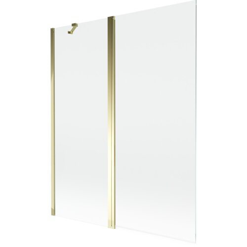 Przezroczysty, dwuskrzydłowy parawan nawannowy o złotych ramach, o wymiarach 140 x 150 cm. Produkt ma prosty, elegancki design z widocznymi metalowymi elementami mocującymi.