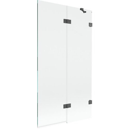 Dwuskrzydłowy parawan nawannowy o transparentnej powierzchni, z ciemnoszarymi, szczotkowanymi elementami mocującymi. Produkt ma prosty, nowoczesny design i jest wykonany ze szkła.