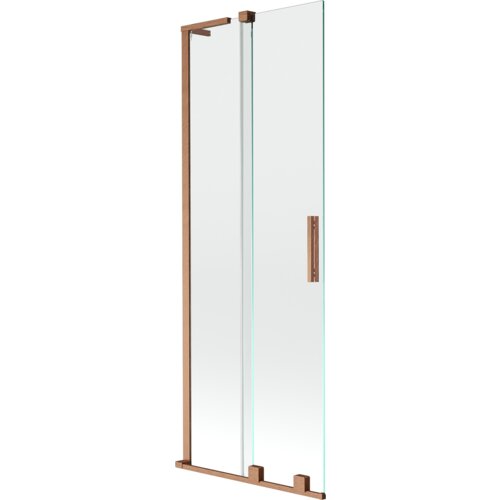 Dwuskrzydłowy, rozsuwany parawan nawannowy o wymiarach 70 x 150 cm, wykonany z przezroczystego szkła z elementami w kolorze szczotkowanej miedzi. Produkt posiada prostokątny uchwyt i metalowe wykończenia.