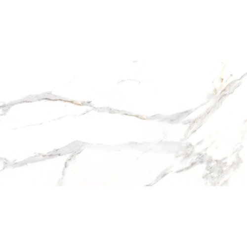 Biała płytka z połyskiem o wymiarach 120 x 60 cm, z delikatnym wzorem przypominającym marmur, z szarymi i beżowymi żyłkami. Produkt to "Mexen Agata White gres szkliwiony rekt. G1, płytka podłogowo-ścienna 120 x 60 cm, połysk - TL144-120-060-00".