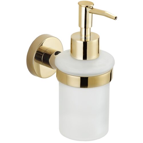 Złoty dozownik do mydła z matowym, białym pojemnikiem, zamontowany na okrągłym uchwycie ściennym. Produkt ma eleganckie wykończenie i prosty, nowoczesny design.