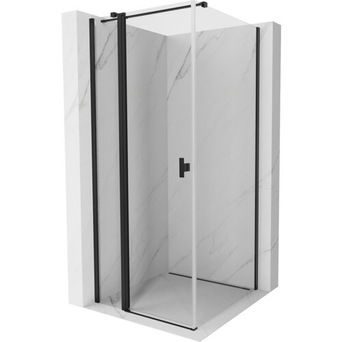 Przeszklona kabina prysznicowa z czarnymi ramami i uchwytem, umieszczona na tle ścian z jasnego marmuru. Produkt to "Mexen Mist T kabina prysznicowa uchylna 70 x 70 cm, transparent, czarna - 8A4T-070-070-70-00".