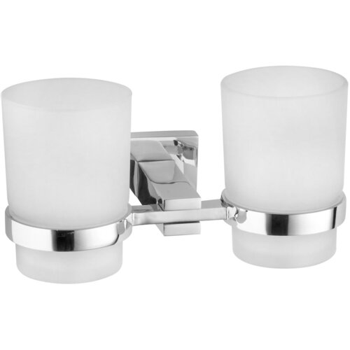 Na zdjęciu znajduje się podwójny uchwyt na kubki do szczoteczek wykonany z chromowanego metalu, z dwoma matowymi, szklanymi kubkami. Produkt ma nowoczesny design i jest przeznaczony do montażu na ścianie.