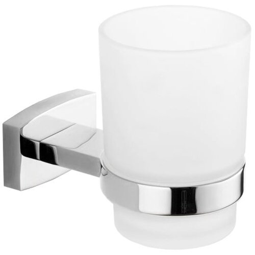 Na zdjęciu znajduje się chromowany uchwyt ścienny z matowym kubkiem na szczoteczki do zębów. Produkt ma prosty, nowoczesny design z gładkimi powierzchniami.