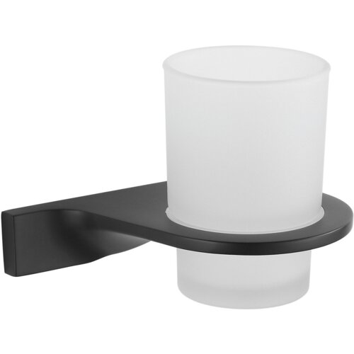 Na zdjęciu znajduje się czarny uchwyt ścienny z matowego materiału, w którym umieszczony jest biały, matowy kubek. Produkt ma nowoczesny design i jest przeznaczony na szczoteczki do zębów.