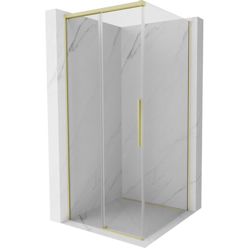 Przesuwana kabina prysznicowa o wymiarach 100 x 100 cm z transparentnym szkłem i złotymi elementami wykończenia, umieszczona na tle ścian z jasnego marmuru. Produkt oznaczony jako "Mexen Rox kabina prysznicowa rozsuwana 100 x 100 cm, transparent, złota - 8C2-100-100-50-00".