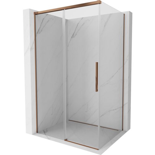 Przesuwana kabina prysznicowa o wymiarach 150 x 100 cm z transparentnym szkłem i elementami w kolorze różowego złota, umieszczona na tle imitującym marmur. Produkt ma prostokątny kształt z metalowymi profilami i uchwytem w kolorze różowego złota.