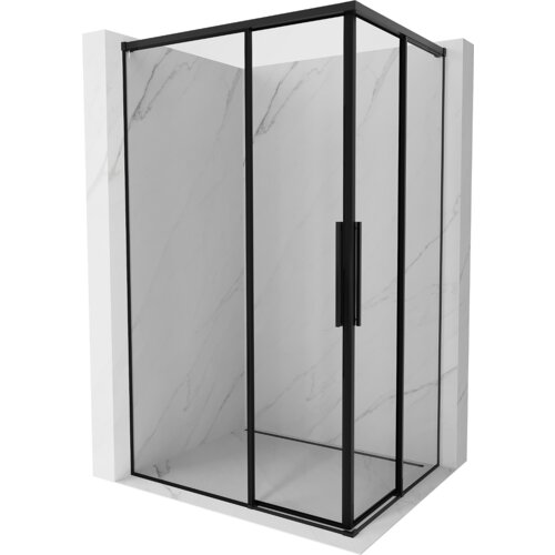Kabina prysznicowa z czarną ramką i przesuwanymi drzwiami, umieszczona na tle ścian z jasnego marmuru. Produkt ma prostokątny kształt i nowoczesny design.