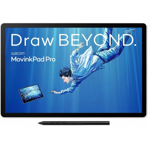 Na zdjęciu widoczny jest tablet graficzny z ekranem, na którym znajduje się ilustracja przedstawiająca postać w ruchu na niebieskim tle oraz tekst "Draw BEYOND." i "wacom MovinkPad Pro". Na dole zdjęcia umieszczony jest rysik.