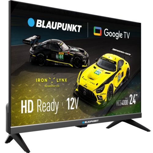 Telewizor marki BLAUPUNKT z ekranem wyświetlającym dwa samochody wyścigowe, z logo "Google TV" oraz napisami "IRON LYNX MOTORSPORT LAB", "HD Ready", "12V", "Series HCG4000", "24"".