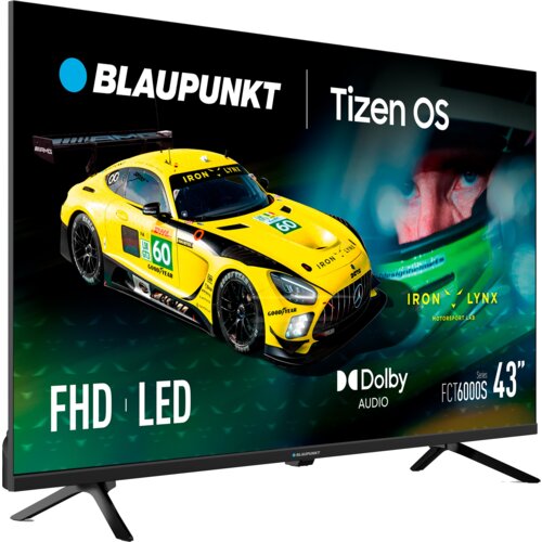 Telewizor BLAUPUNKT 43FCT6000S 43" LED Tizen TV z wyświetlonym obrazem samochodu wyścigowego i tekstem: "BLAUPUNKT", "Tizen OS", "FHD | LED", "Dolby Audio", "IRON LYNX", "Series FCT6000S 43".