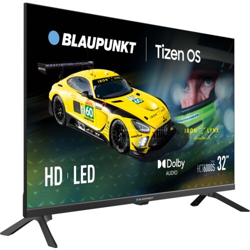 Telewizor wyświetla obraz z żółtym samochodem wyścigowym oraz twarzą kierowcy w kasku, z widocznymi napisami: "BLAUPUNKT", "Tizen OS", "HD", "LED", "Dolby Audio", "HCT6000S", "32”", "IRON LYNX", "MOTORSPORT LAB".