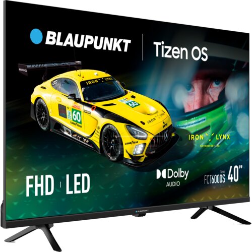 Telewizor BLAUPUNKT 40FCT6000S 40" LED Tizen TV z wyświetlonym na ekranie obrazem żółtego samochodu wyścigowego z numerem 60 oraz napisami: "BLAUPUNKT", "Tizen OS", "FHD", "LED", "Dolby Audio", "IRON LYNX", "MOTORSPORT LAB", "Series FCT6000S 40".
