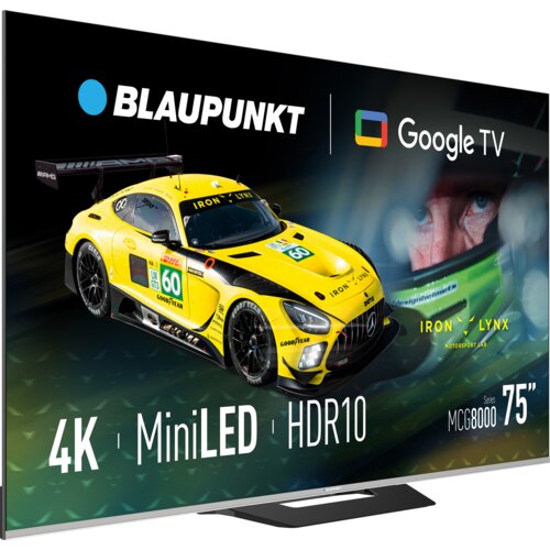 Na zdjęciu widoczny jest telewizor z wyświetlonym obrazem żółtego samochodu wyścigowego oraz tekstami: "BLAUPUNKT", "Google TV", "4K", "MiniLED", "HDR10", "IRON LYNX MOTORSPORT LAB", "Series MCG8000", "75".