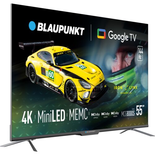 Telewizor z wyświetlaczem prezentującym żółty samochód wyścigowy z napisami: "BLAUPUNKT", "Google TV", "4K", "MiniLED", "MEMC", "Dolby ATMOS", "Dolby AUDIO", "Dolby VISION", "144 Hz", "Series MCG8000S", "55" oraz logo "IRON LYNX".
