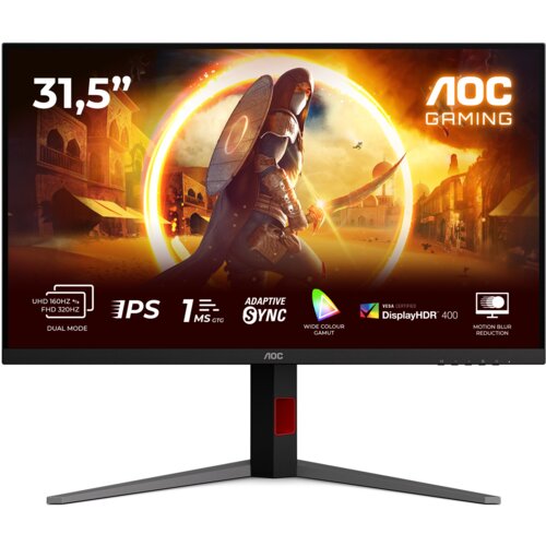 Monitor AOC z ekranem 31,5 cala wyświetla grafikę z postacią w zbroi na tle miasta, z widocznymi napisami: "UHD 160Hz ⇔ FHD 320Hz", "IPS", "1MS GTG", "ADAPTIVE SYNC", "WIDE COLOUR GAMUT", "VESA CERTIFIED DisplayHDR 400", "MOTION BLUR REDUCTION". Logo "AOC GAMING" znajduje się w prawym górnym rogu.