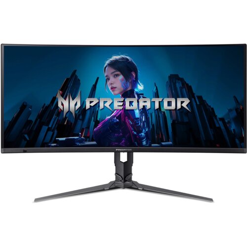 Curved monitor z wyświetlaczem przedstawiającym futurystyczną grafikę z postacią i napis "PREDATOR" na środku. Monitor stoi na solidnej podstawie, a na ramce widoczne jest logo "Predator".